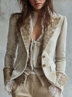 Women's Floral Embroidered Blazer with Decorative Cuffs