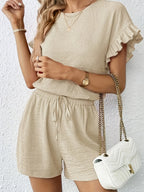 Women's Textured Ruffle Sleeve Top and Drawstring Shorts Set