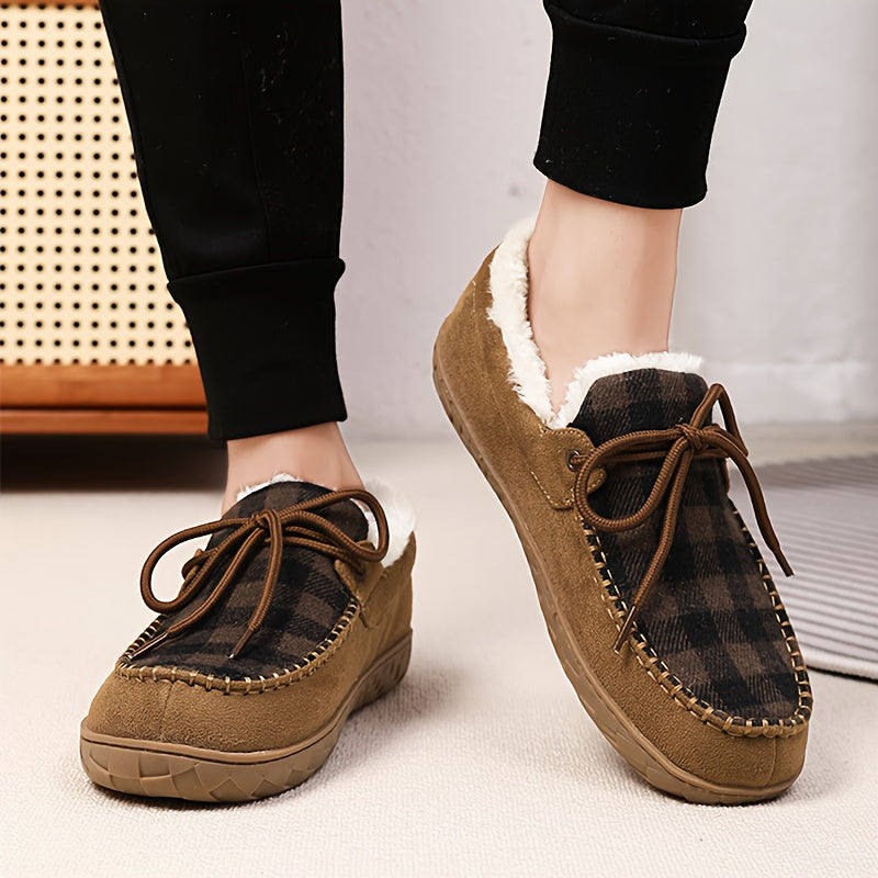 Mocassins à carreaux pour femmes, doublés en sherpa