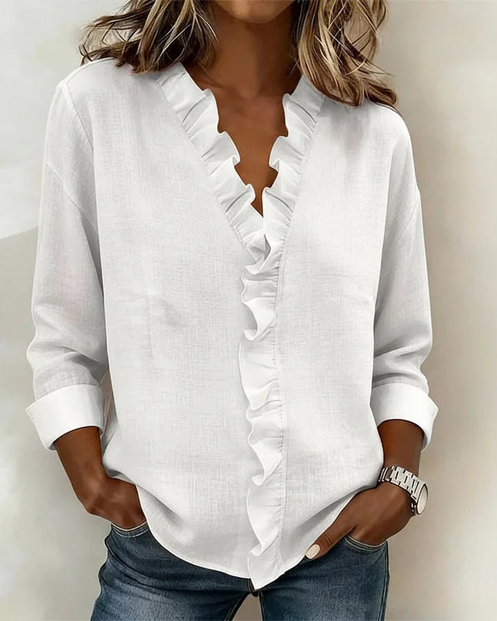 Women's Ruffle V-Neck Blouse with Long Sleeves for Elegant Everyday Wear