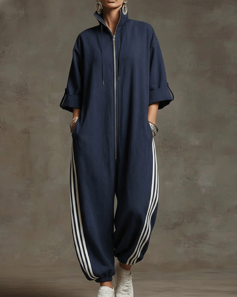 Damen-Jumpsuit mit Reißverschluss vorne und lockerem Jogger-Stil