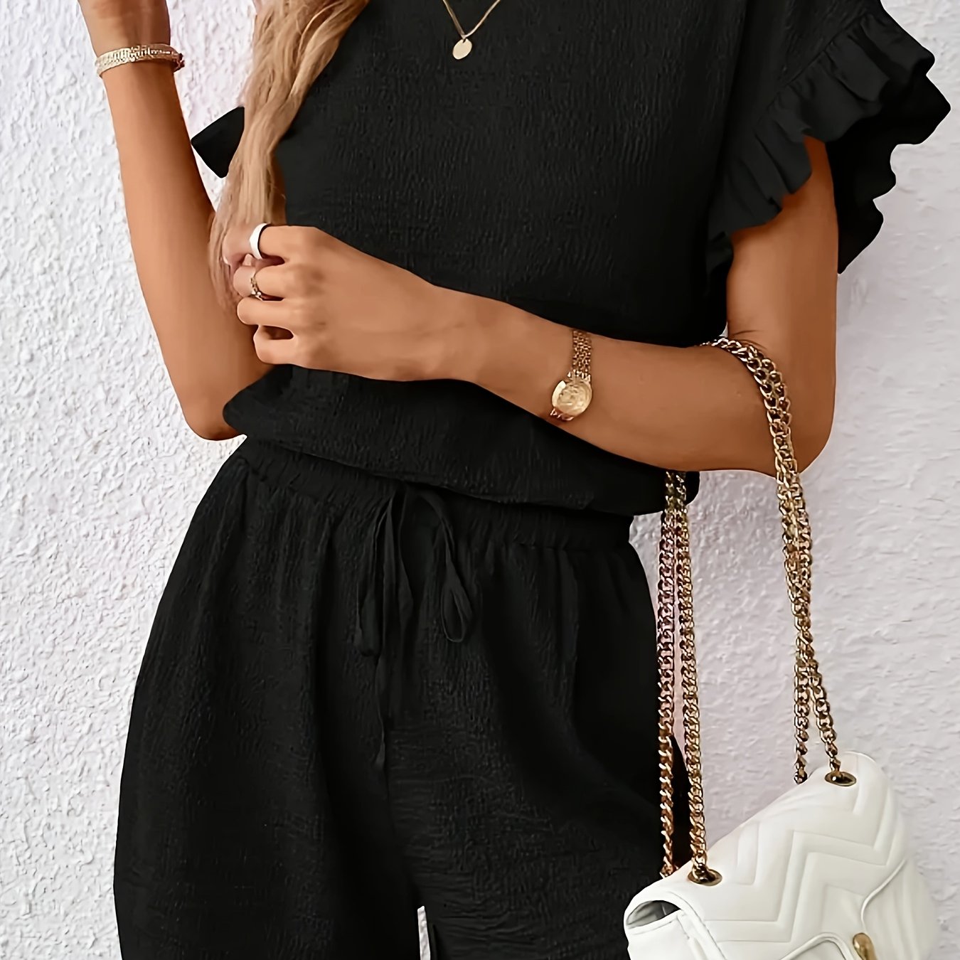 Women's Textured Ruffle Sleeve Top and Drawstring Shorts Set