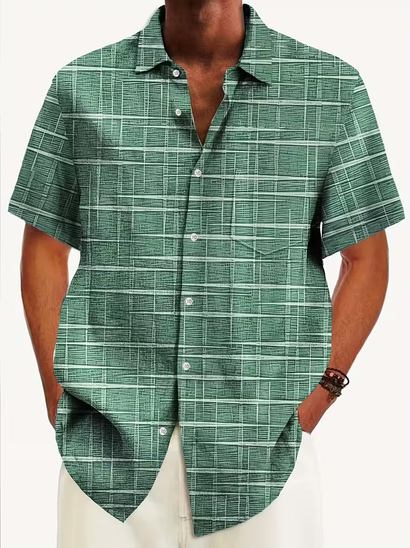 Men's Textured Grid Pattern Short Sleeve Button Up Casual Shirt