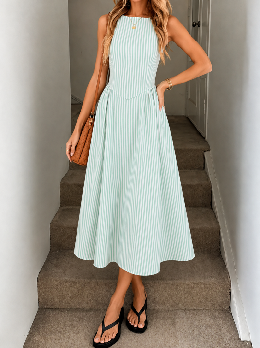 Women's Sleeveless Striped Fit and Flare Midi Dress
