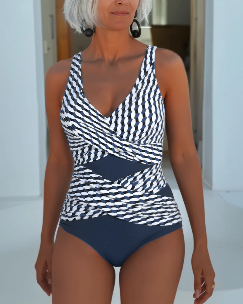 Women's Geometric One-Piece Swimsuit with Crossover Waist Detail