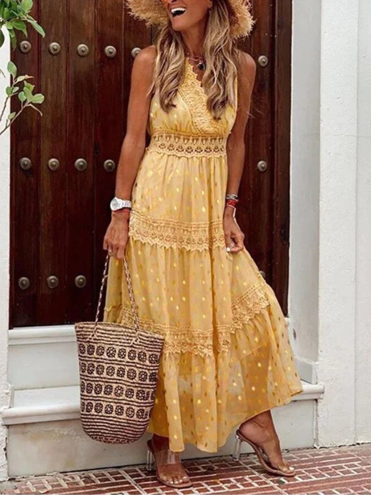 Women's Bohemian Maxi Dress with Embroidered Details and Flowing Fit for Summer Occasions