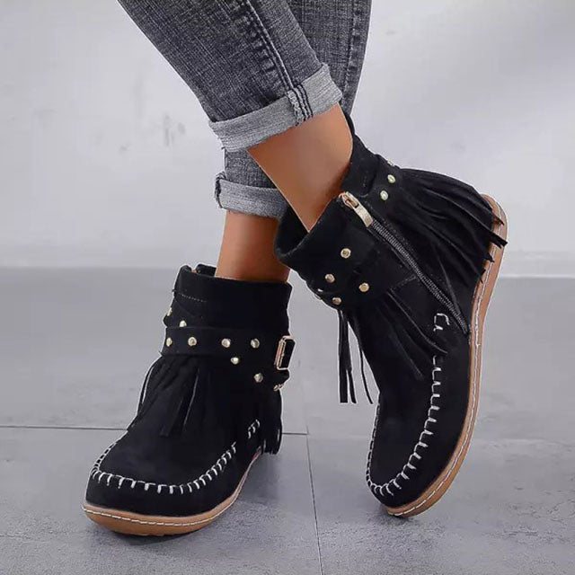 Damen Vintage Wildlederstiefel mit Fransen-Detail und weichem, warmem Futter