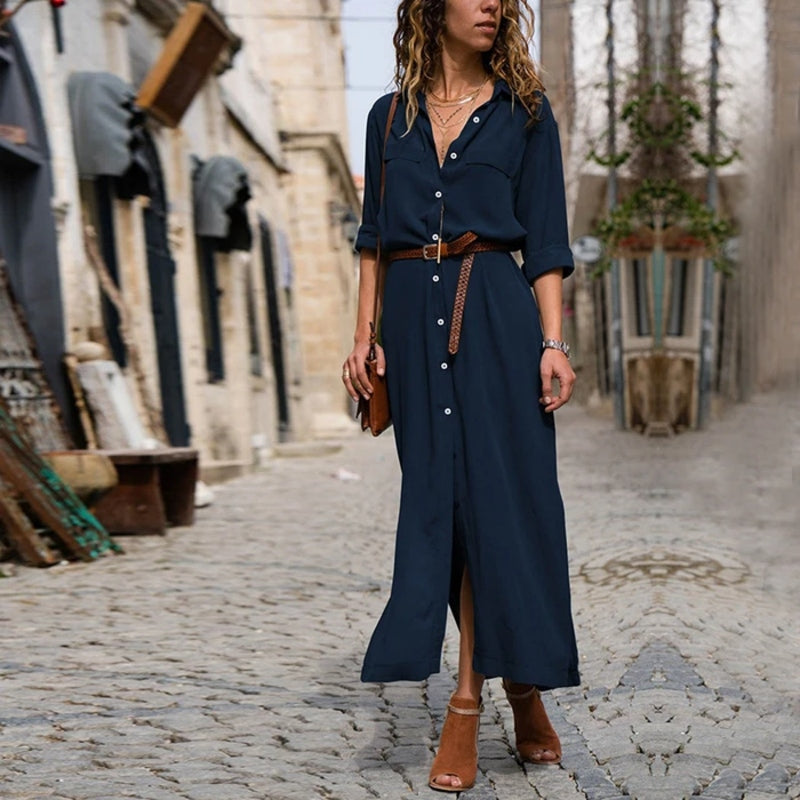 Damen Midi-Kleid mit Knopfleiste und kurzen Ärmeln für den Alltag