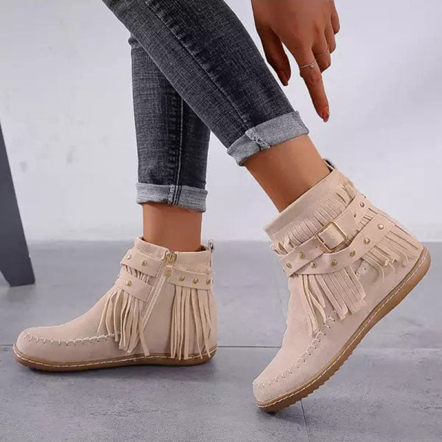 Damen Vintage Wildlederstiefel mit Fransen-Detail und weichem, warmem Futter