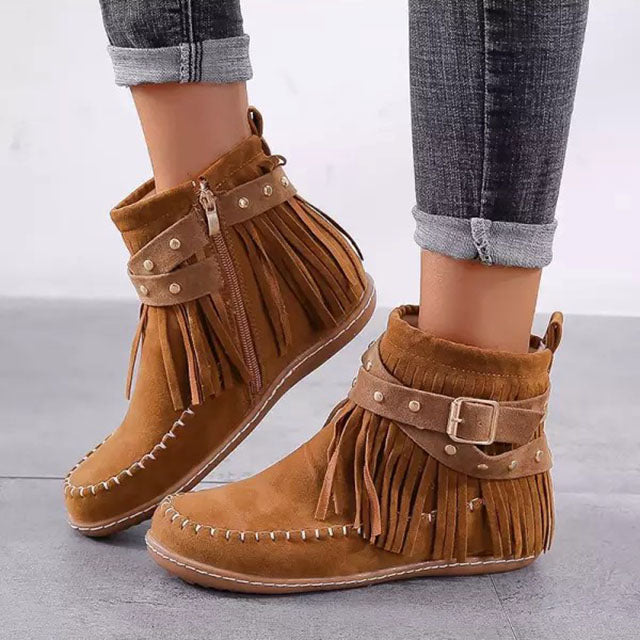 Damen Vintage Wildlederstiefel mit Fransen-Detail und weichem, warmem Futter