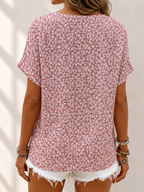 Women's Floral Print Button Front Casual Blouse with Split Neck