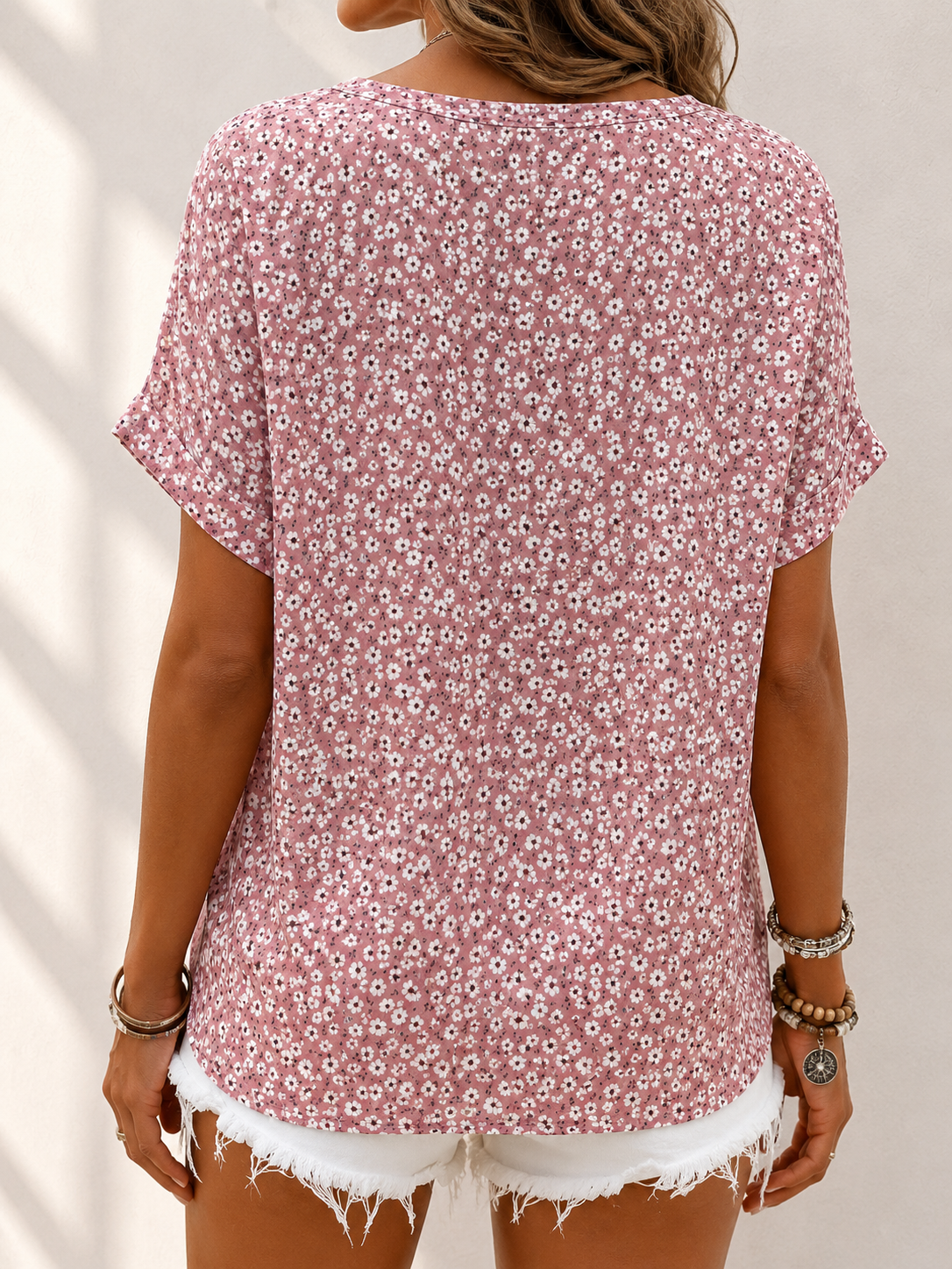 Women's Floral Print Button Front Casual Blouse with Split Neck