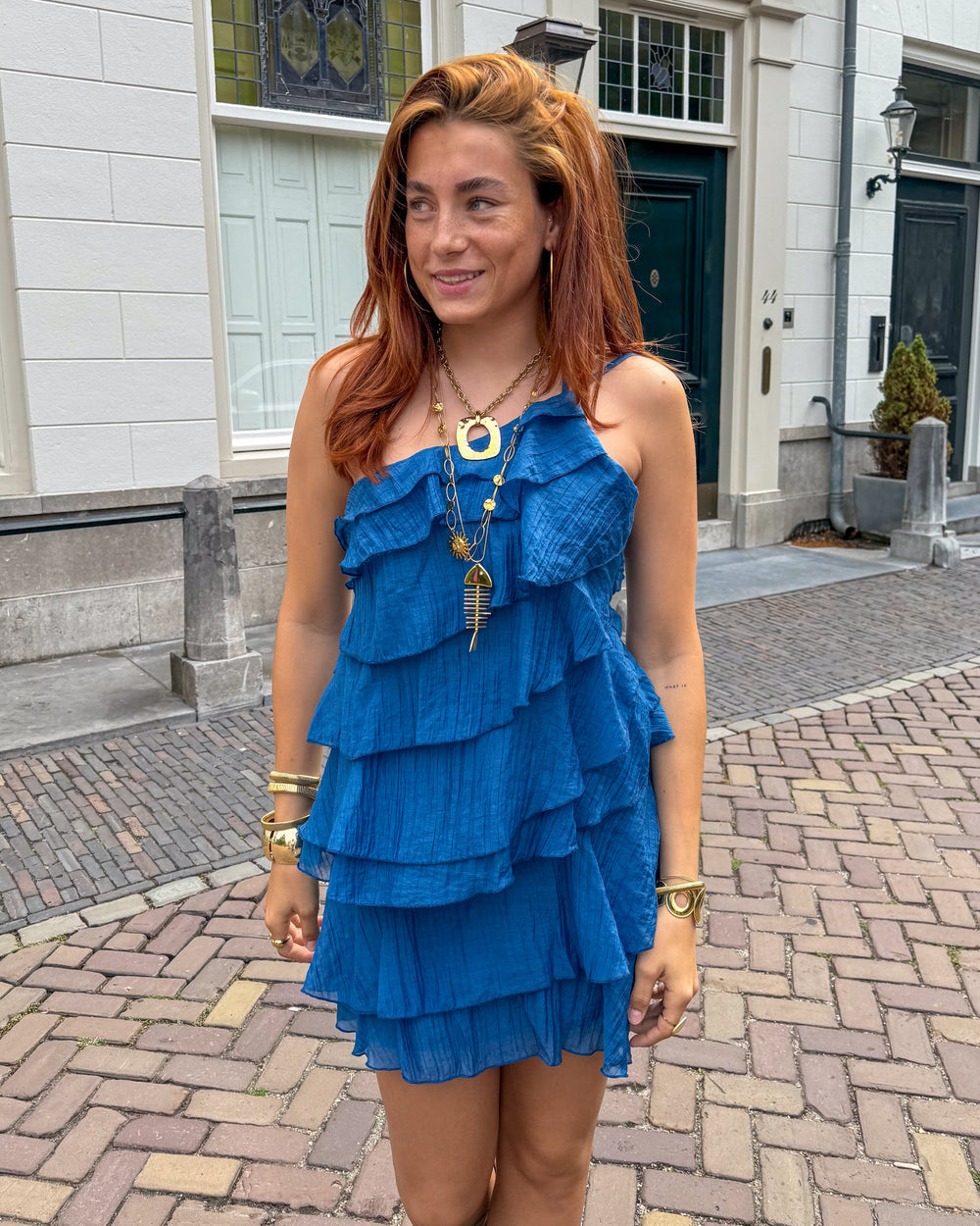 Damen Mini-Kleid mit einer Schulter, Rüschen und locker fließender Passform