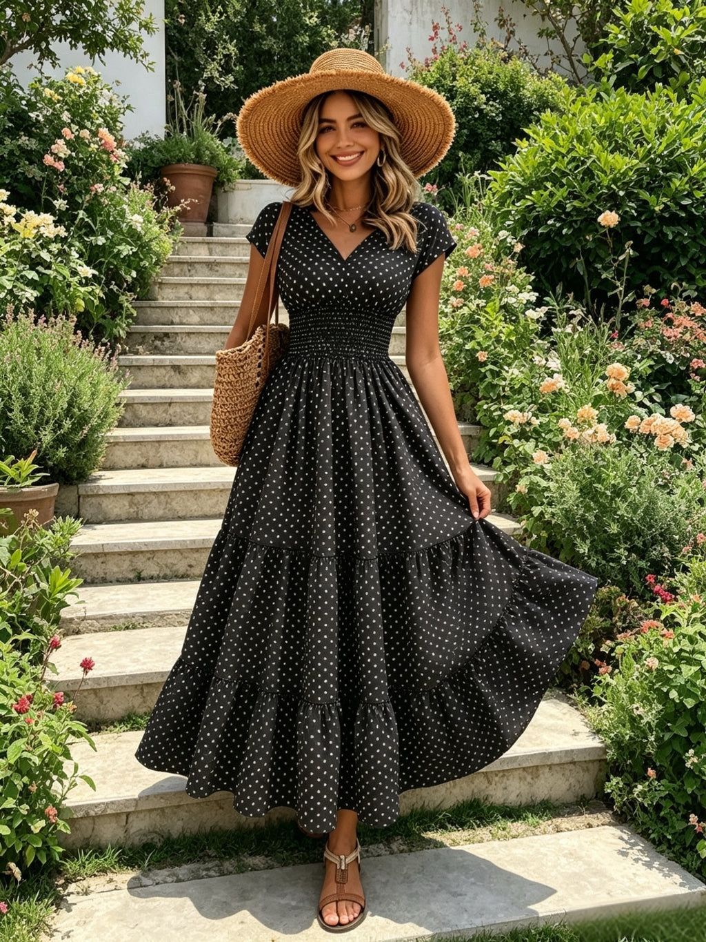 Women's Polka Dot Tiered Maxi Dress