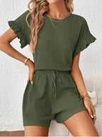 Women's Textured Ruffle Sleeve Top and Drawstring Shorts Set