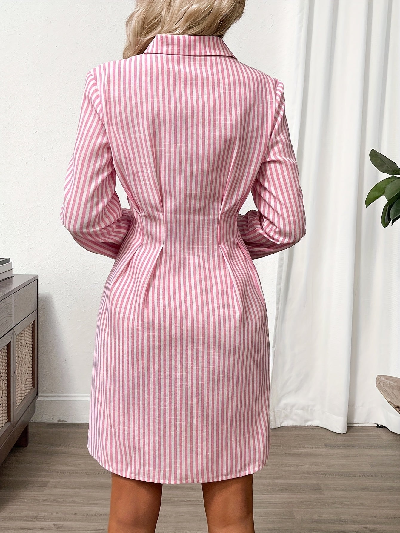 Women's Striped Shirt Dress with Button Front and Roll-Up Sleeves