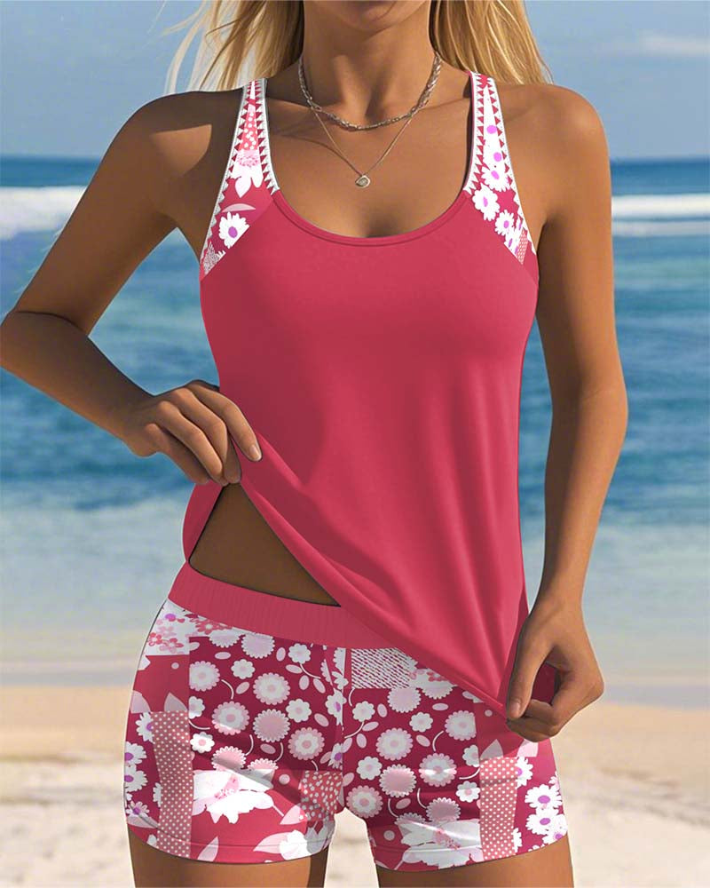 Women's Two-Piece Tankini Swim Set with Floral Print and Swim Shorts