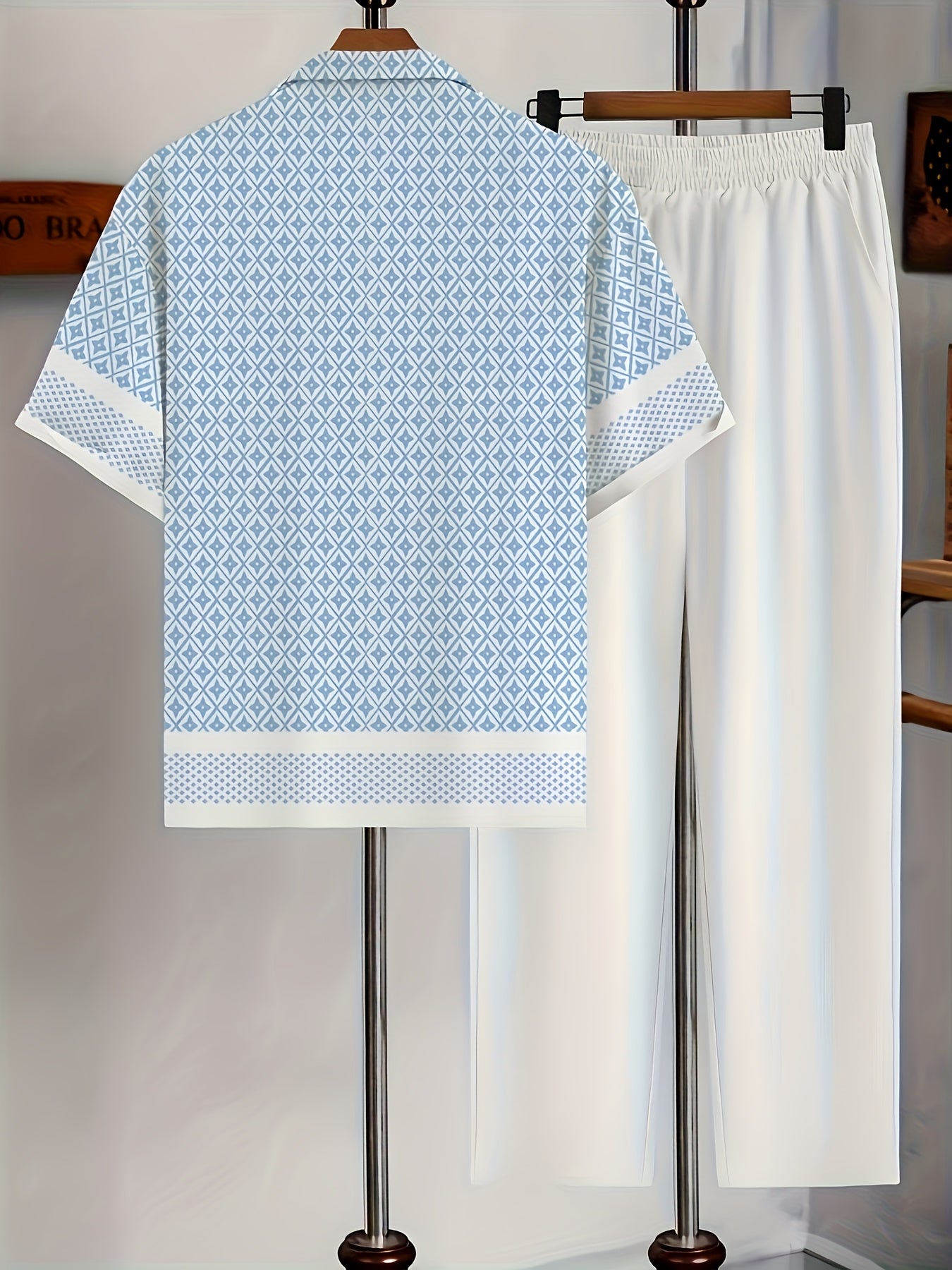 Men's Geometric Button-Up Shirt & Trousers Set