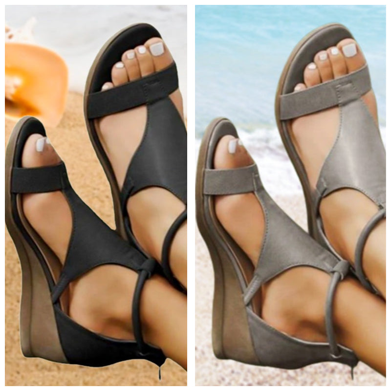 Damen T-Riemen Keilabsatz Komfortsandalen