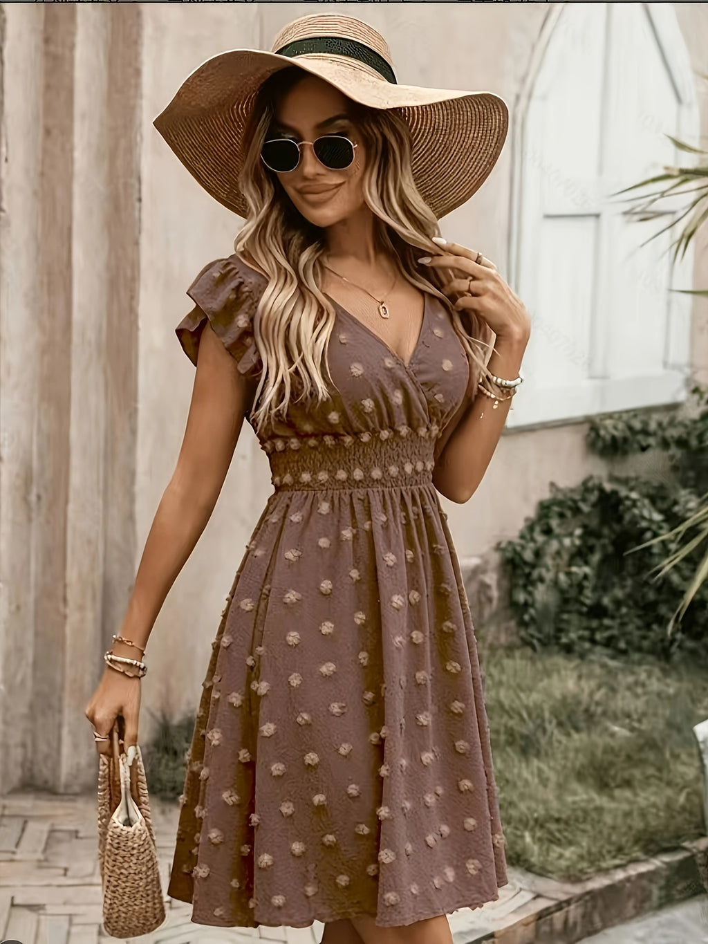 Women's Textured Midi Dress with Shirred Waist and Flutter Sleeves