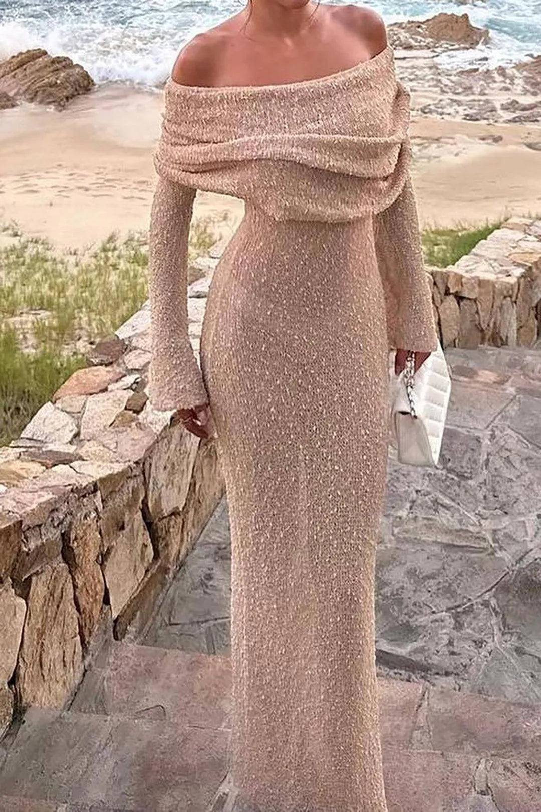 Elegantes Off-Shoulder Strick-Maxikleid für Damen Weich Figurbetont Abendstil