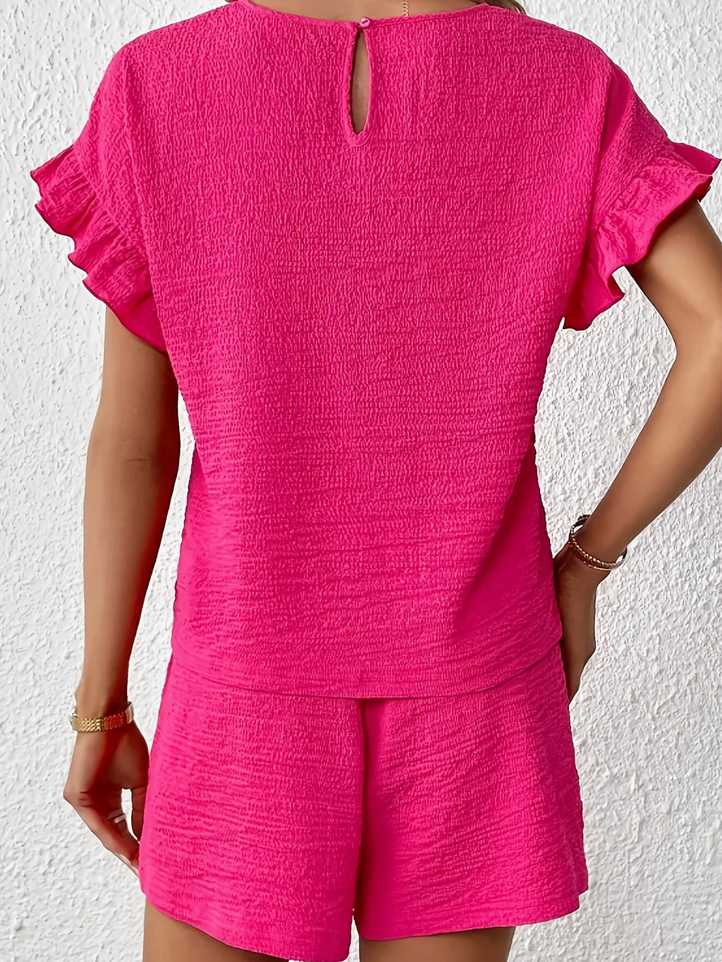Women's Textured Ruffle Sleeve Top and Drawstring Shorts Set