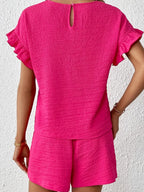 Women's Textured Ruffle Sleeve Top and Drawstring Shorts Set