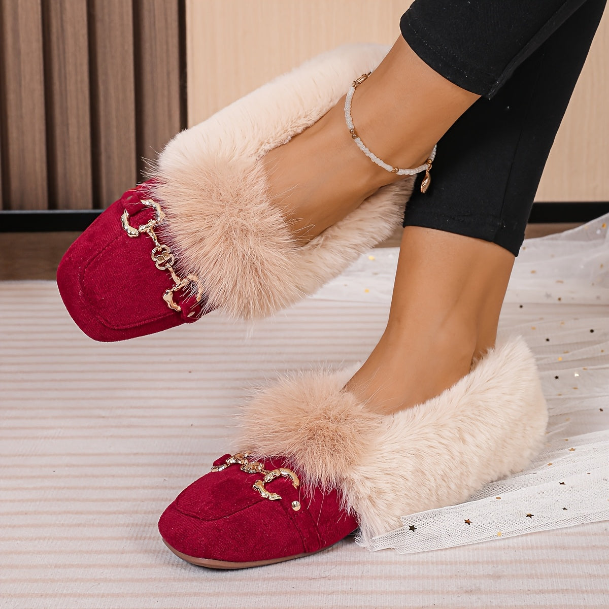Mules chaussons pour femme bordés de fausse fourrure