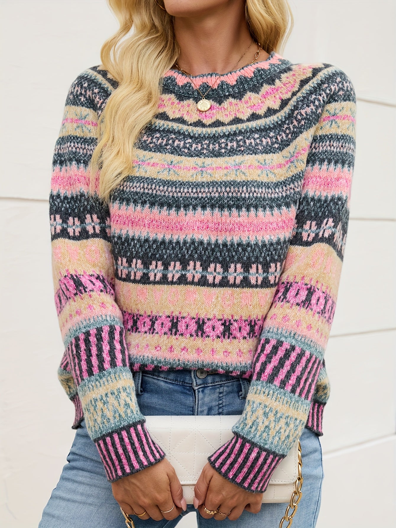 Strikket sweater med Fair Isle-mønster og rund hals til kvinder