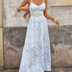 Women's Geometric Print Maxi Dress with Lace Waist and Spaghetti Straps