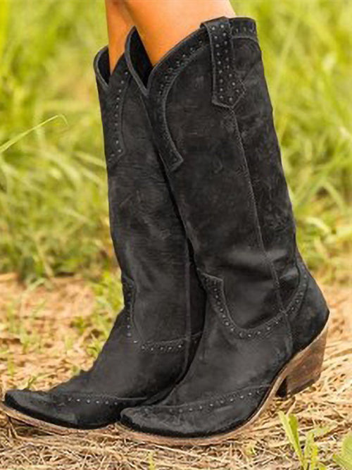 Women Vintage Cowboy Boots with Studded Detail and Distressed Finish