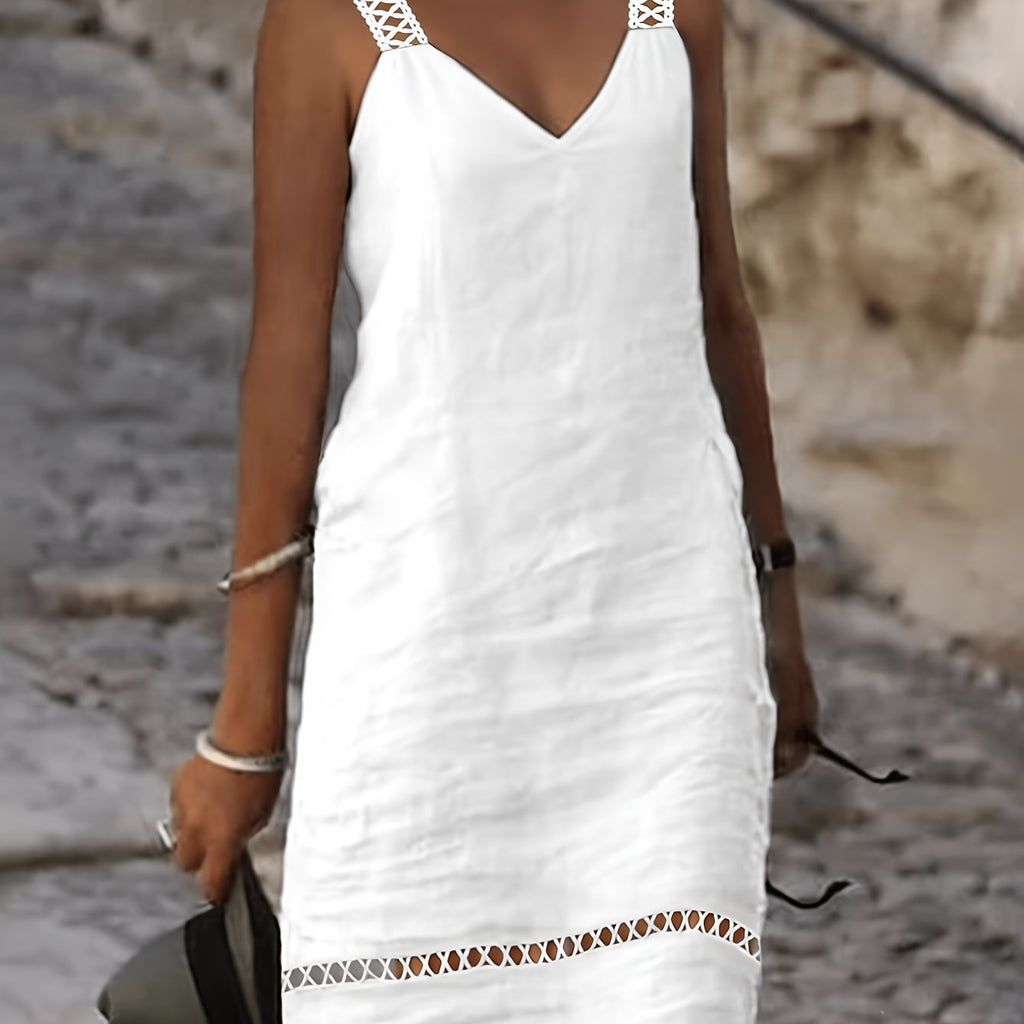 Women's Sleeveless V-Neck Lace Trim Casual Midi Dress