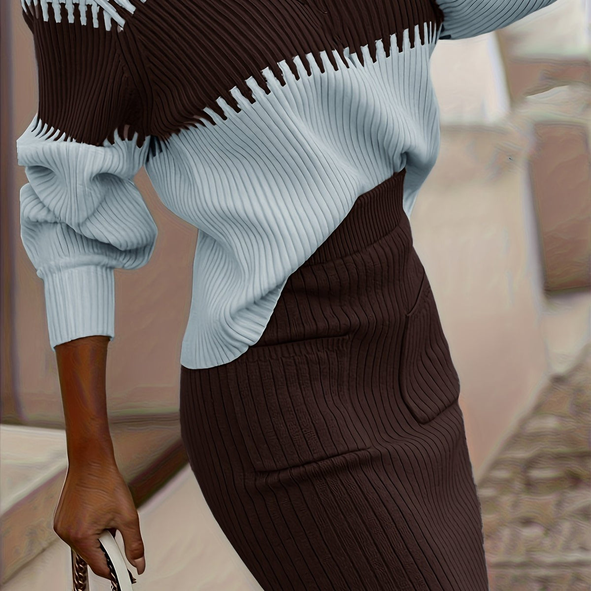 Ensemble pull en maille côtelée et jupe midi pour femme