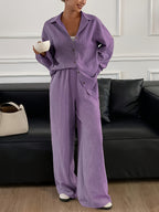 Women's Relaxed Button-Up Shirt and Wide Leg Pants Two-Piece Set