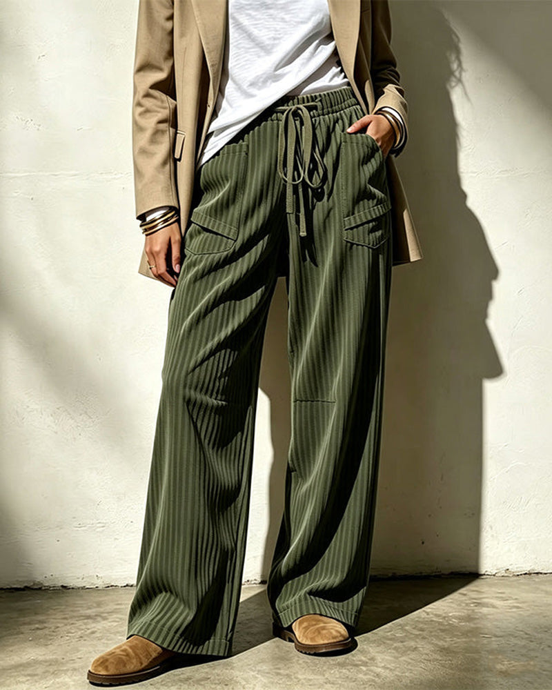 Pantalon cargo large à jambes larges en velours côtelé pour femme avec cordon de serrage