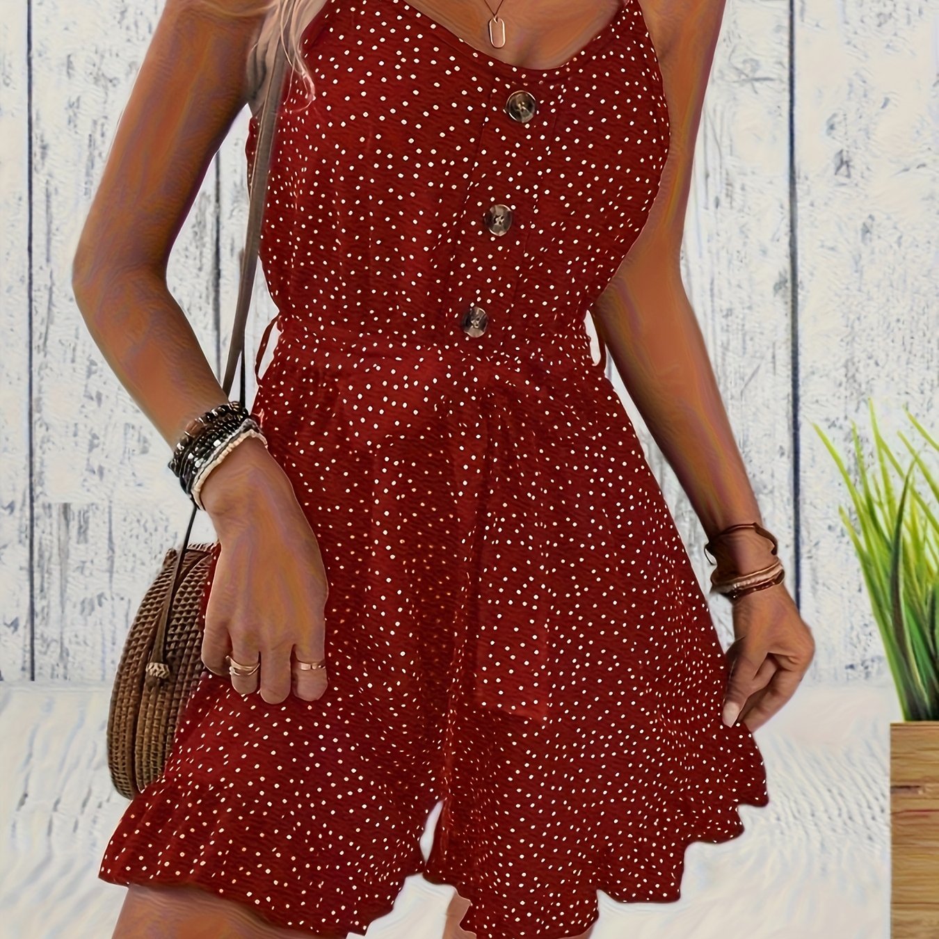 Women's Polka Dot Romper with Button Front and Adjustable Waist Tie