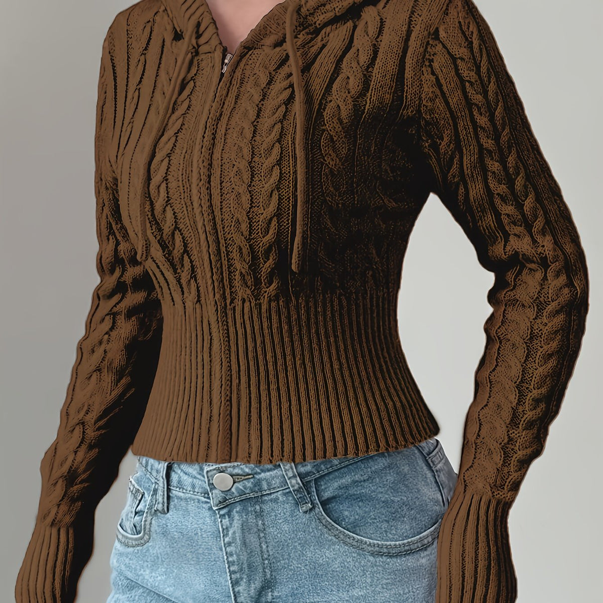 Pull à capuche zippé pour femme en maille torsadée