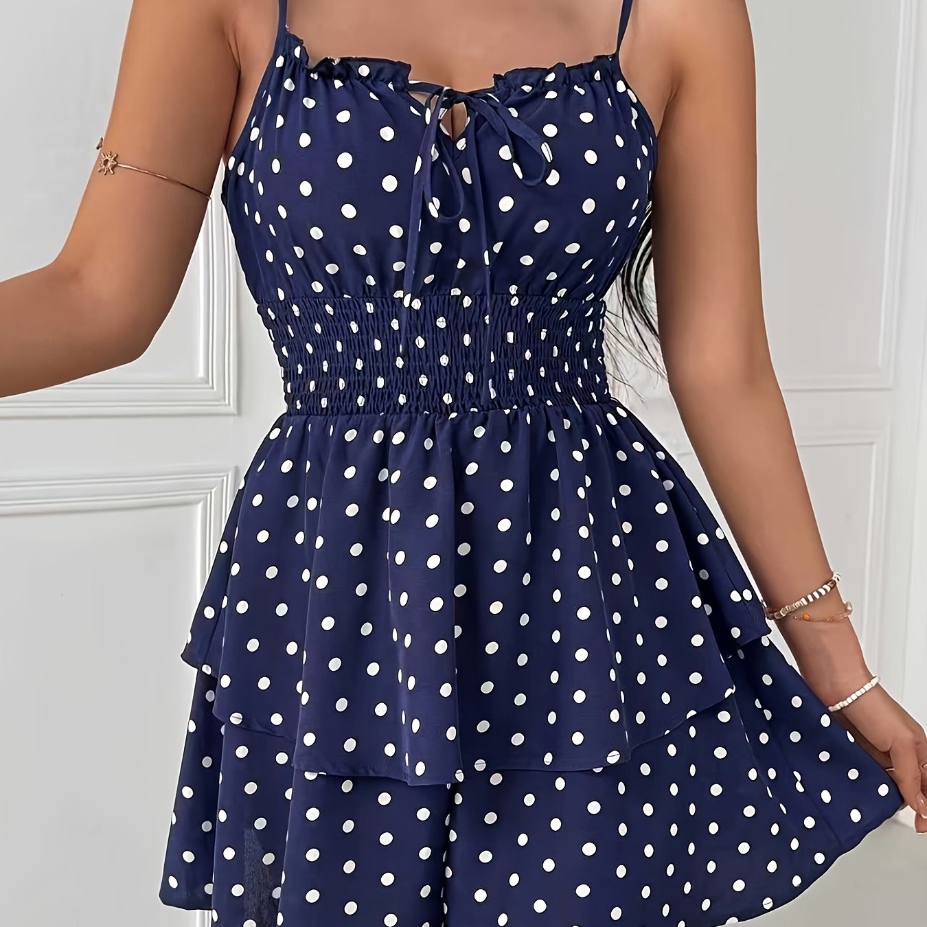 Women’s Polka Dot Playsuit with Shirred Waist and Frill Detailing
