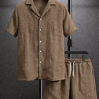 Men's Textured Button-Up Shirt and Drawstring Shorts Set