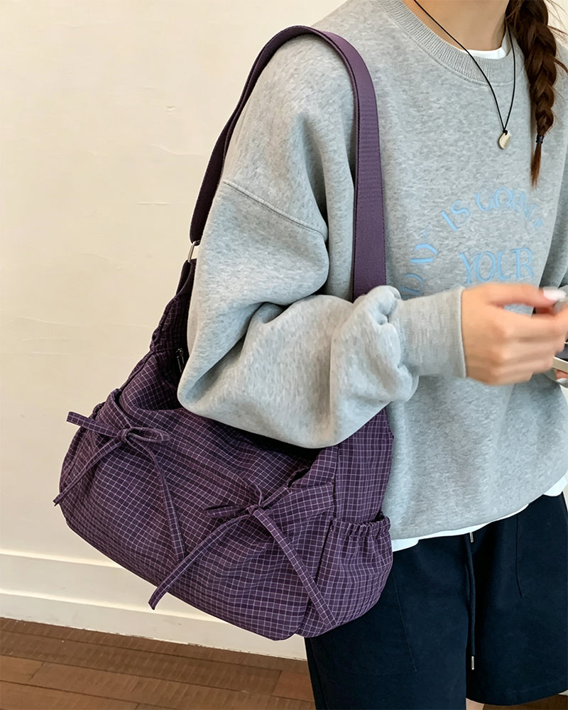 Damen-Schultertasche mit Karomuster und mehreren Fächern