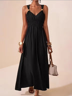 Women's Sleeveless Maxi Dress with V-Neck and Beaded Strap Details