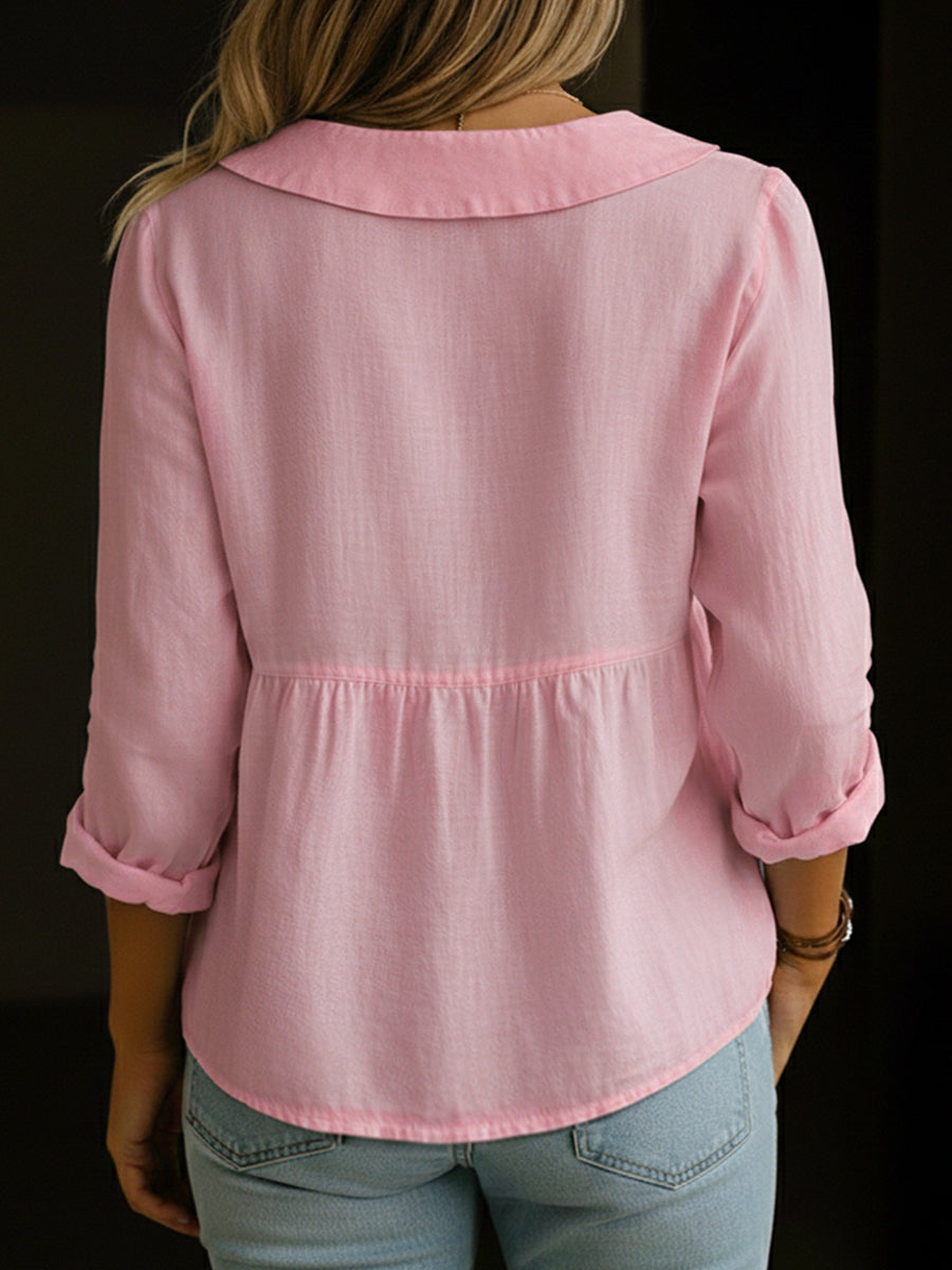 Women's Cotton Linen Blouse with Rounded Collar and Button-Front Design
