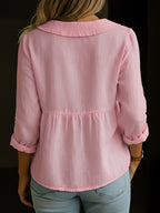 Women's Cotton Linen Blouse with Rounded Collar and Button-Front Design