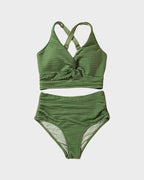 Damen-Rippen-Bikini-Set mit gedrehtem Oberteil und hochgeschnittenem Slip