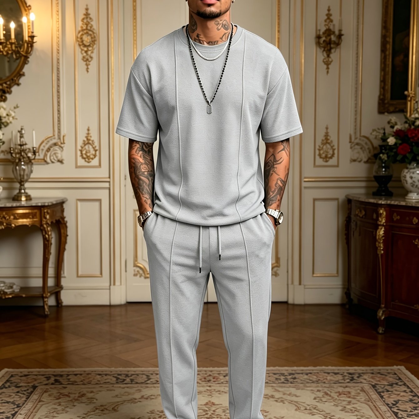Men's Textured Relaxed T-Shirt & Trousers Set