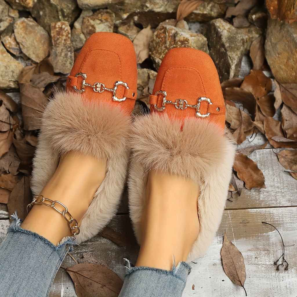 Mules chaussons pour femme bordés de fausse fourrure