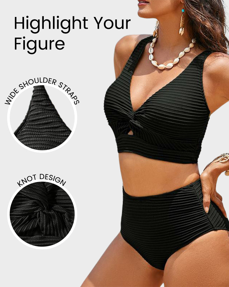 Damen-Rippen-Bikini-Set mit gedrehtem Oberteil und hochgeschnittenem Slip