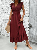 Women's Ruffle Sleeve V-Neck Smocked Waist Maxi Dress