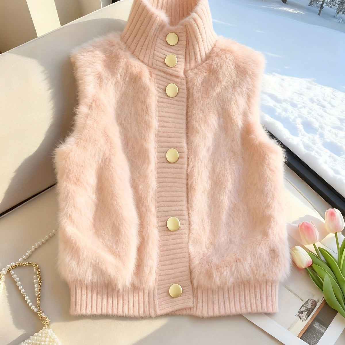Gilet pour femme en fausse fourrure, boutonné sur le devant, à col montant