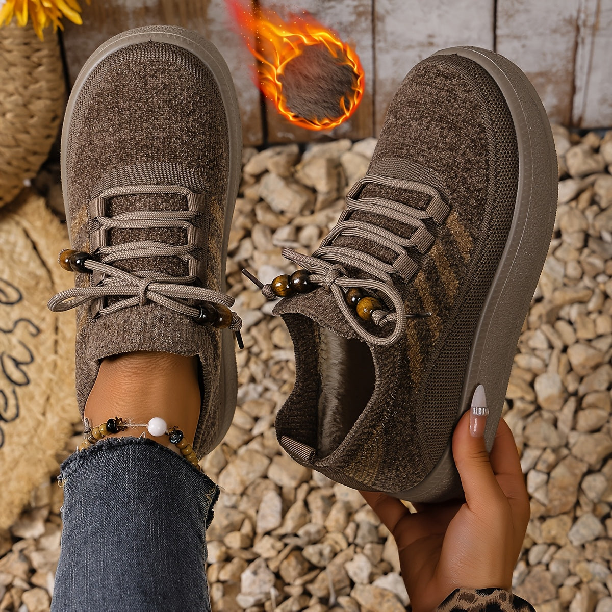 Strikkede sneakers til kvinder med imiteret pelsfor